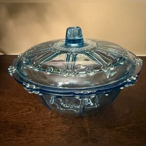Vintage KIG Blue Glass Oyster Pearl Design, Lidded Candy Dish